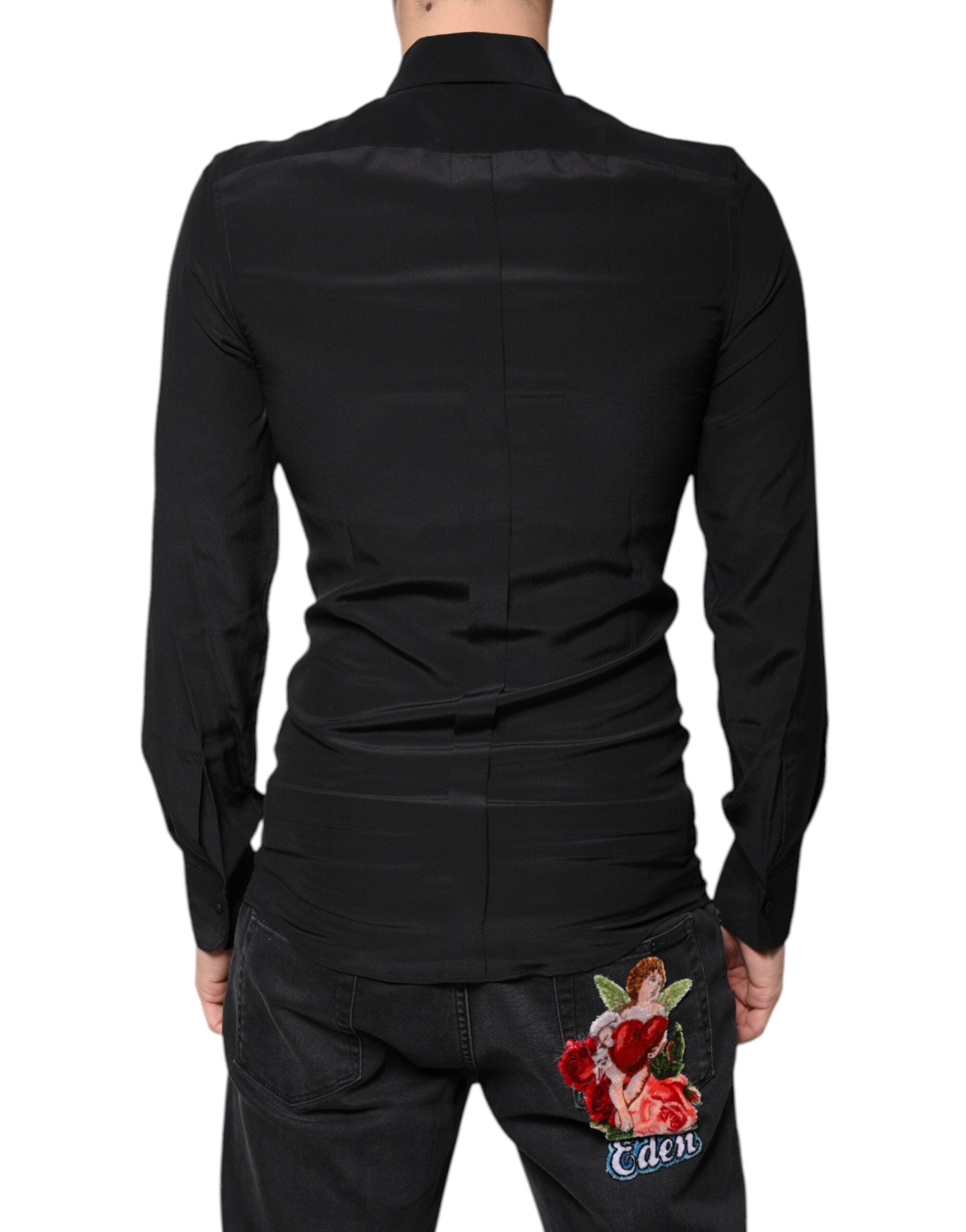 Dolce & Gabbana Black silk shirt with long sleeves GOLD